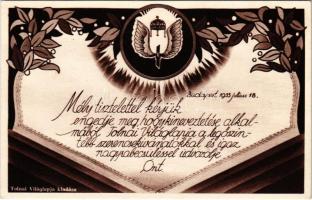 1933 Budapest, A Tolnai Világlapja kiadása: Mély tisztelettel kérjük engedje meg, hogy kineveztetése alkalmából Tolnai Világlapja a legőszintébb szerencsekívánatokkal és igaz nagyrabecsüléssel üdvözölje Önt