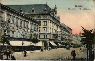 1914 Budapest VII. Rákóczi út, villamos, Nagy Ferenc, Steiner Ernő, N. Ármin üzletei, Domonyi Endre asztalosműhelye, fogorvosi rendelő, Hotel Metropole szálloda és kávéház (fl)