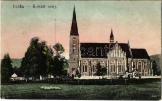 1914 Rabka-Zdrój, Kosciól nowy / church / új templom + vasúti bélyegző (Chabówka Bahnhof) (fl)