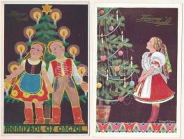 2 db RÉGI magyar karácsonyi üdvözlő képeslap népviselettel, G. Szilágyi Ilona szignóval / 2 pre-1945 Hungarian Christmas greeting postcards with folklore