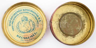 Első Kecskeméti Konzervgyár Rt. fém doboz, kopásnyomokkal, d: 13 cm