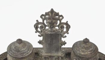 Antik vas kalamáris, képtartó résszel, üveg betétekkel, tapperral, h: 32 cm, m: 17 cm