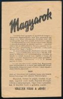 1944 ,,Magyarok! [...] Tőletek függ a jövő!", a szövetséges repülők által terjesztett II. világháborús röplap, kis lapszéli szakadásokkal, kissé foltos, 20,5x12,5 cm