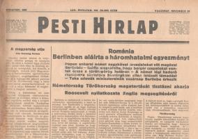 [II. Világháború] Pesti Hirlap. 1940. november 24. (Napilap, LXII. évfolyam, 268. szám) "Románia Berlinben aláirta a háromhatalmi egyezményt -- Papen ankarai német nagykövet javaslatokat vitt magával Berlinből -- Szófia megcáfolta, hogy bolgár csapatokat vontak össze a török-görög határon -- A német légi haderő szombatra virradóra Birmingham ellen intézett támadást -- Tuka szlovák miniszterelnök vasárnap Berlinbe érkezik -- Németország Törökország magatartását tisztázni akarja -- Roosevelt nyilatkozata Anglia megsegitéséről." Félbehajtva, jó állapotban.