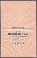 cca 1920-1930 vitéz Gardánfalvi vegyeskereskedés és szikvízgyára Vasas (Pécs) reklám papírzacskó. Szombathely, Hermann Miksa papírzacskógyára, 39x25 cm