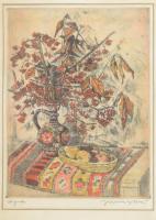 Imre István (1918 - 1983): Asztali csendélet. Színezett rézkarc, papír, jelzett, üvegezett keretben,...