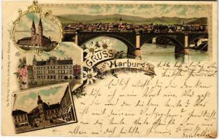 1897 (Vorläufer!) Maribor, Marburg; Franziskaner Kirche, Post, Burgplatz / Franciscan church, general view, bridge, post office, square. Ferdinand Ferlinz Art Nouveau, floral, litho (EK)