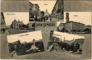 1908 Lviv, Lwów, Lemberg; Rynek, Teatr Mieski, Ratusz, Ul. Karola Ludwika, Plac Akademicki / market square, town hall, theatre, street, Academy Square (EK)