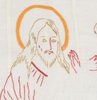 Hímzett falvédő, Az utolsó vacsora jelenetével, felfogatásoknál kis sérülésekkel, 38x104 cm