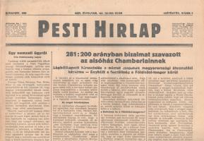 [II. Világháború] Pesti Hirlap. 1940. május 9. (Napilap, LXII. évfolyam, 104. szám)  "281:200 arányban bizalmat szavazott az alsóház Chamberlainnek -- Légbőlkapott hiresztelés a német csapatok magyarországi átvonulási kérelme -- Enyhült a feszültség a Földközi-tenger körül." Félbehajtva, jó állapotban.