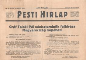 [II. Világháború] Pesti Hirlap. 1939. szeptember 2. (Napilap, LXI. évfolyam, 200. szám) "Gróf Teleki Pál miniszterelnök felhívása Magyarország népéhez! -- Németország és Lengyelország között megkezdődtek a hadműveletek -- Angliában és Franciaországban elrendelték az általános mozgósitást -- Az olasz minisztertanács ugy határozott, hogy semmiféle katonai műveletet nem kezdeményez -- Az angol kormány felszólította Németországot, hogy vonja vissza csapatait Lengyelországból." Félbehajtva, jó állapotban.