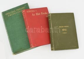 Herczeg Ferenc emlékezései. A szerző, Herczeg Ferenc (1863-1954) író, szerkesztő által ALÁÍRT példány. Bp., 1933, Singer és Wolfner. Kiadói kopott egészvászon-kötés. +   Herczeg Ferenc 2 műve:  Az első fecske és egyéb elbeszélések. Bp., 1897, Singer és Wolfner. Korabeli aranyozott egészvászon-kötés, kissé kopott borítóval.;  Mutamur. Huszonhat elbeszélés. Bp.,én., Singer és Wolfner. Korabeli aranyozott egészvászon-kötés, kissé kopott borítóval.;