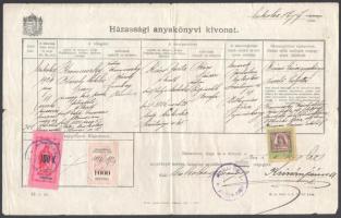 1924 Miskolc anyakönyvi kivonat 100K ínségbélyeggel, 1000K anyakönyvi kivonati díjjal, 10000K illetékbélyeggel,