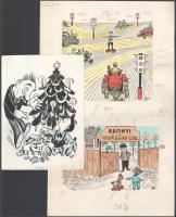 Szegő Gizi (1902-1985): Karikatúrák vázlatai, 7 db. Vegyes technika, papír, mind jelzett. Mindegyik ...