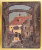 Papp József (-): Soproni Öreg udvar, 1930 körül. Olaj, karton, jelezve jobbra lent (töredékesen); hátoldalán Műcsarnok Tavaszi kiállítás 1932 kat.sz. 456. cédula, Kiállítva: Nemzeti Szalon, Őszi Tárlat, Budapest, 1931. szeptember (kat. 230. Soproni öreg udvar). Sérült. 60x49,5 cm. Fakeretben.