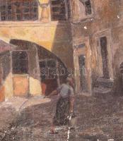 Papp József (-): Soproni Öreg udvar, 1930 körül. Olaj, karton, jelezve jobbra lent (töredékesen); há...
