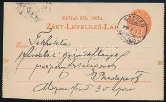 1889 5kr díjjegyes zárt levelezőlap "SZEGED / NAGYVÁRAD" mozgóposta bélyegzéssel