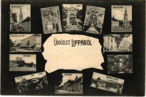 1907 Lippa, Lipova; Római katolikus templom, Mária Lourdes, Kálvária, templom belső, Görögkeleti (ortodox) templom, József főherceg szálloda, M. kir. főerdőhivatal, Máriaradna, Solymosi vár, Járásbíróság, Marospart a vashíddal, Savanyúkút fürdő. Zeitler Lajos kiadása / Catholic church, calvary, Orthodox church, hotel, forestry office, Radna, Soimos castle, district court, Mures riverside with iron bridge, Sauerbrunn spa