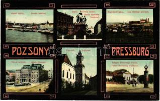 1910 Pozsony, Pressburg, Bratislava; Duna, Városi színház, Mária Terézia szobor, városház, Frigyes főhercegi palota / Danube, theatre, town hall, monument, palace. Art Nouveau (fl)