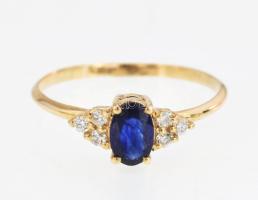 Arany (Au) 14K gyűrű zafírral és gyémántokkal, jelzett, tanúsítvánnyal, méret: 54, bruttó: 1,5 g