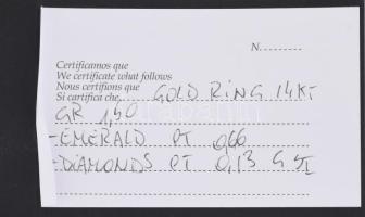 Arany (Au) 14K gyűrű smaragddal és gyémántokkal, jelzett, tanúsítvánnyal, méret: 56, bruttó: 1,5 g