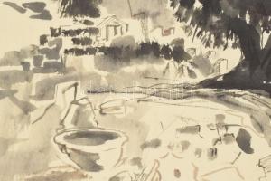 König (Kőnig) Róbert (1951-2014): Delphoi, 1996. Lavírozott tus, papír, jelzett. 31x51 cm