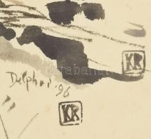 König (Kőnig) Róbert (1951-2014): Delphoi, 1996. Lavírozott tus, papír, jelzett. 31x51 cm