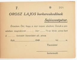 1949 Sajószentpéter Orosz Lajos borkereskedő vételi jegy tömbje 50 dupla lap, hiánytalan