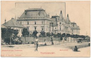 1902 Temesvár, Timisoara; Józsefvárosi indóház, vasútállomás. J. Raschka kiadása / Bahnhof / railway station in Iosefin (r)