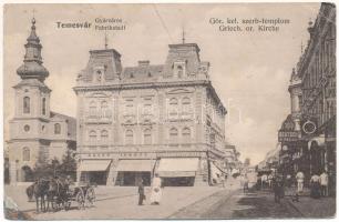 1908 Temesvár, Timisoara; Gyárváros, Görögkeleti szerb ortodox templom, Adler Ignác, Csendes és Fischer, Deutsch R. Rezső, Klug János üzlete / Fabrikstadt, Griech. or. Kirche / Serbian Orthodox church, shops (r)