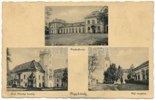 1941 Nagykároly, Carei; vasútállomás, Gróf Károlyi kastély, Református templom / railway station, castle, Calvinist church (EB)