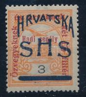 SHS 1918 Hadisegély II. 3f próbanyomat Bodor vizsgálójellel. Certificate: Zrinjscak