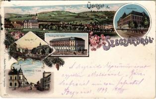 1899 (Vorläufer) Szekszárd, Szegzárd; gimnázium, Garay tér, Törvényszék, Széchenyi utca. Báter János Art Nouveau, floral, litho (EK)