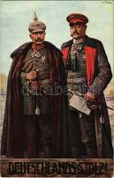 Deutschlands Stolz! / Wilhelm II and Paul von Hindenburg, WWI German military propaganda. Wohlfahrts-Karte der Rotes Kreuz s: Art. Fischer (EK)