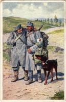 1918 K.F.A. Sanitätshunde, Dem Leben wiedergewonnen. Zu Gunsten des K.u.k. Kriegsfürsorgeamtes / WWI Austro-Hungarian K.u.K. military art postcard, injured soldier, mercy dog s: E. Ranzenhofer (kopott sarkak / worn corners)