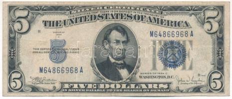 Amerikai Egyesült Államok 1946-1949. (1934C) 5$ "Silver Certificate - kisméretű" kék pecsét "William Alexander Julian, John Wesley Snyder" T:F folt USA 1946-1949. (1934C) 5 Dollars "Silver Certificate - Small size" blue seal "William Alexander Julian, John Wesley Snyder" C:F spotted Krause P#414A