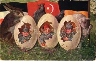 Sretan Uskrs / WWI K.u.K. military, Central Powers propaganda art postcard with Easter greetings, flags and eggs. C.H.W. VIII/2. 1915. Nr. 2323. s: Hartmann (Rb)