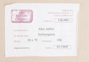 Adilov Alim (1963-): Szőnyegárus. Olaj, vászon, jelezve balra lent, hátoldalán címkén feliratozott. ...