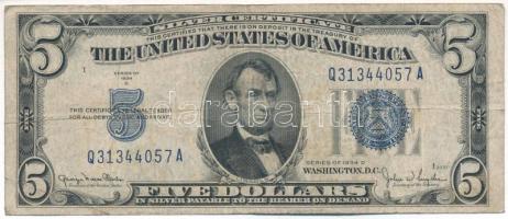 Amerikai Egyesült Államok 1949-1953. (1934D) 5$ "Silver Certificate - kisméretű" kék pecsét "Georgia Neese Clark - John Wesley Snyder" T:F,VG USA 1949-1953. (1934D) 5 Dollars "Silver Certificate - Small size" blue seal "Georgia Neese Clark - John Wesley Snyder" C:F,VG Krause P#414A