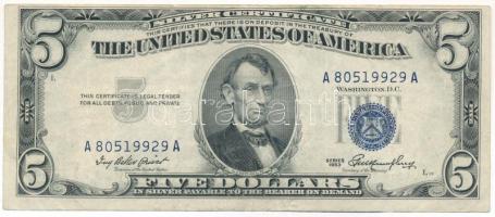 Amerikai Egyesült Államok 1953. 5$ "Silver Certificate - kisméretű" kék pecsét "Ivy Baker Priest - George Magoffin Humphrey" T:F kis beszakadás, amúgy erős papír USA 1953. 5 Dollars "Silver Certificate - Small size" blue seal "Ivy Baker Priest - George Magoffin Humphrey" C:F small tear, but strong paper Krause P#417