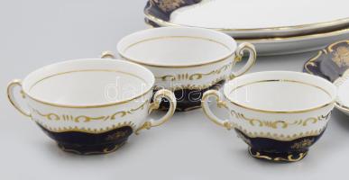 Zsolnay Pompadour mintás étkészlet részlet. 4 db tálaló tál, hozzá két leveses csésze és egy teás cs...