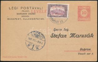 1920 Légiposta 10f díjjegyes levelezőlap Légiposta 8K díjkiegészítéssel "BUDAPEST" - "SOPRON"