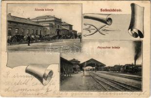 1911 Székesfehérvár, vasútállomás külseje, pályaudvar belseje, gőzmozdony, vonat. Robitsek Sándor kiadása (r)