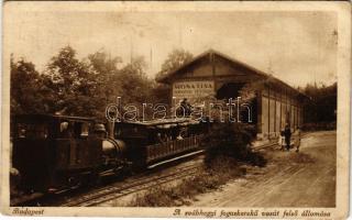 1932 Budapest XII. Svábhegy, Fogaskerekű vasút felső állomása, vasútállomás, gőzmozdony, vonat, Mona Lisa fényképészet reklámja (fl)