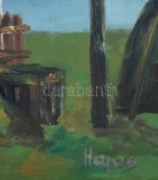 Hajós Hollanda Éva (1935-): Tanya emberekkel és kutyával. Olaj, farost, jelzett, fakeretben, 60x80 c...