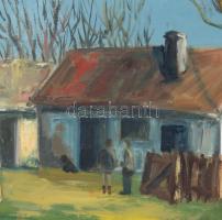 Hajós Hollanda Éva (1935-): Tanya emberekkel és kutyával. Olaj, farost, jelzett, fakeretben, 60x80 c...