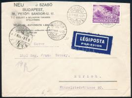 1937 Légiposta levél Repülő (III.) 60f bérmentesítéssel Zürich-be küldve