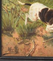 Márta jelzéssel: Vadászat kutyákkal. Olaj, vászon. dekoratív fa képkeretben, 32,5x44 cm