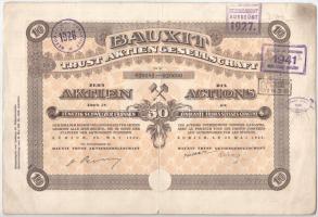 Svájc / Zürich 1926. "Bauxit Tröszt Részvénytársaság" 5db részvénye egyenként 50Fr-ról bélyegzésekkel, szelvényekkel, szárazpecséttel, perforációval T:F  Switzerland / Zurich 1926. "Bauxit Trust Joint-stock Company" 5 shares, all with the value of 50 Francs, with stamps and coupons and embossed stamp, with perforation C:F