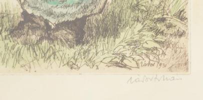 Zádor István(1882-1963): Pipázó juhász. Színezett rézkarc, papír, jelzett, üvegezett fakeretben, 41×...